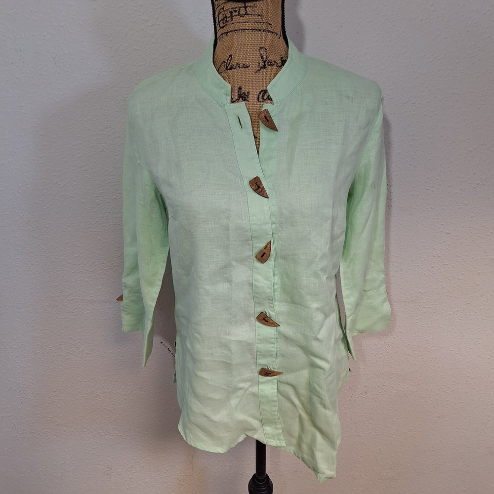 Go Silk Petite Women's PS 100% Linen Triangle Hem Button Up Blouse Lime Green